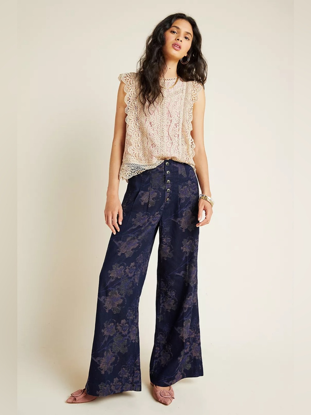 NWT Anthropologie Pilcro Ultra High Rise Wide Leg Jean Pants Shimmer Floral 30 - Picture 1 of 16